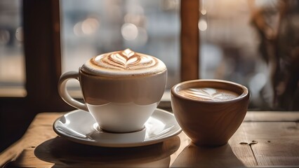 Obraz premium Coffee Latte Art on a Wooden Table