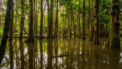 Tranquil forest reflecting in still water