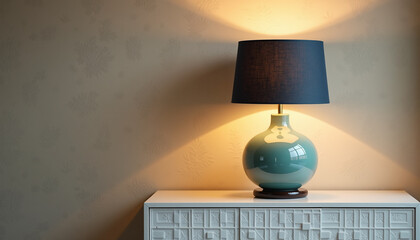 Teal Ceramic Table Lamp with Dark Blue Shade on White Cabinet