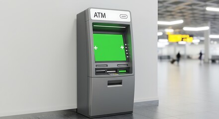 Modern ATM with Green Screen and Blurred Background for Financial Transactions