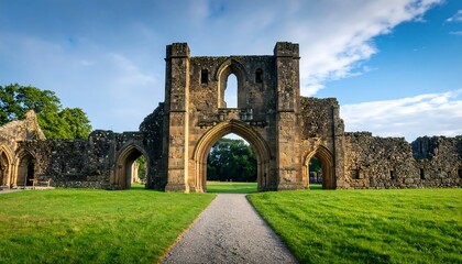 Ancient stone ruins, pathway, lush grass