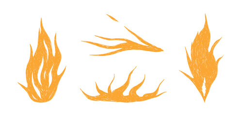 Hand drawn Fire Flame set. Hot crayon flames shapes in cartoon style. Grunge grafitti icons for tattoo, punk rock stickers, sketch. Funky yellow chalk brush elements. Isolated doodle vector illustrati