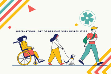 International Day of Persons with Disabilities. Diverse community with inclusive symbols like wheelchair, prosthetic limb, and guide dog. Flat vector illustration.

