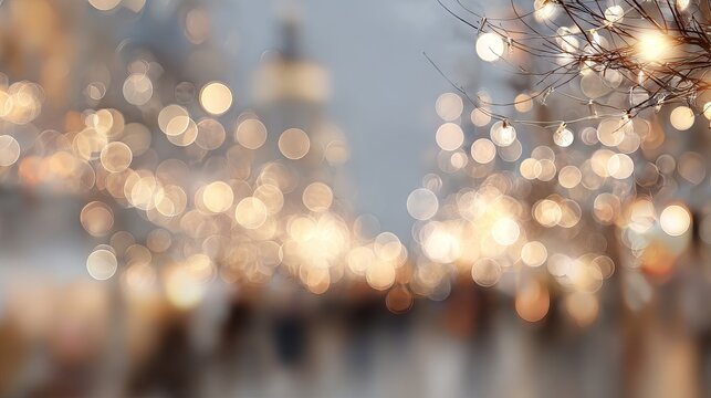 Abstract cream background with warm festive bokeh lights and outdoor celebration glow soft neutral backdrop with golden fairy lights blurred illumination for holiday cards invitations banners