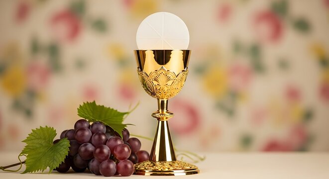 Golden Chalice with Host and Grapes Religious Symbolism.