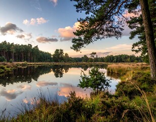 Tranquil lake at sunset, with reflections and trees