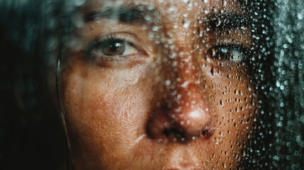 An artistic, emotional close-up of a woman's face, with water droplets on a windowpane.