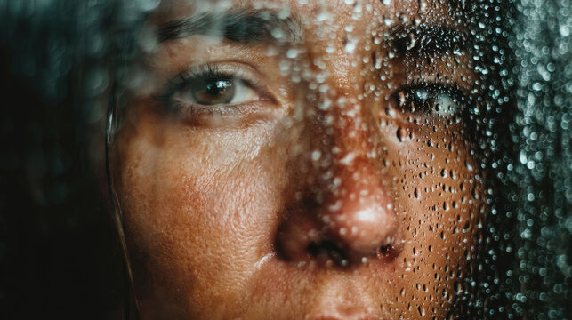 An artistic, emotional close-up of a woman's face, with water droplets on a windowpane.