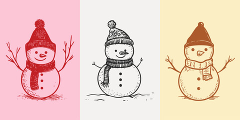 Cute pencil art snowman set with three festive winter characters in hats, scarves. Playful minimalist Christmas sketch.