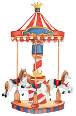 Watercolor illustration of a vintage fairground carousel with horses. Perfect for holiday cards, posters, prints, and festive or nostalgic designs.