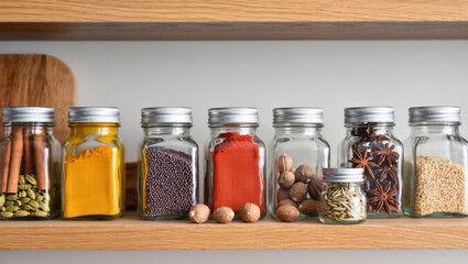 Various aromatic spices in glass jars with metal lids arranged on wooden shelf in kitchen interior for cooking and storage