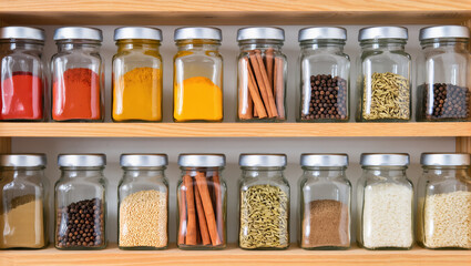 Colorful spices and dry ingredients in glass jars with metal lids neatly arranged on wooden kitchen shelf for organized storage