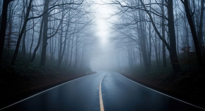 Eerie fog shrouds a winding road through a spooky forest landscape, perfect for mystery or thriller book covers