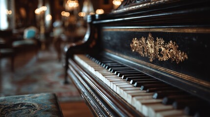 Close-up of an antique piano with an ornate design in an elegant room