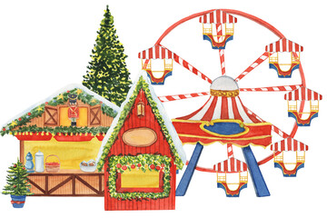 Watercolor illustration of a festive Christmas market with colorful stalls and a Ferris wheel. Perfect for holiday cards, posters, prints, and seasonal festive designs.