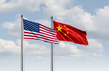 US And China Meeting as diplomatic flag symbols for negotiations concept to negotiate a ceasefire or peace agreement or cease fire to mediate mediation and arbitration betweem Beijing and Washington.