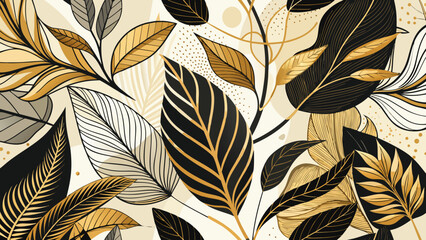 Vector art of exquisite seamless pattern with golden leaves and branches on a beige background