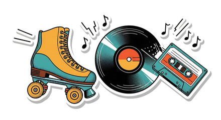 Obraz premium Vibrant retro sticker illustration of a roller skate vinyl record and cassette tape with halftone details.