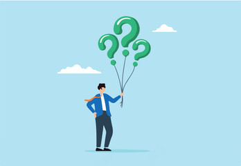 Flat illustration of doubtful businessman hold question mark balloon finding and searching solution answer and solving problem