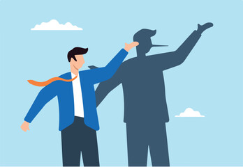 Flat illustration of dishonest businessman shadow reveal long nose lying business fraud and hiding truth