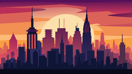 Obraz premium Vector art of new york city skyline silhouette with sunset and purple sky background