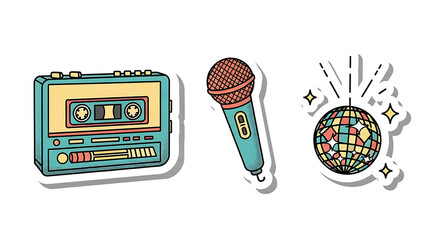 Vibrant retro music sticker set teal cassette player orange microphone colorful disco ball halftone texture.