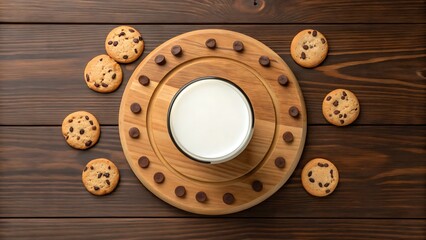 Obraz premium Overhead view of chocolate chip cookies and a glass of milk on a wooden board, arranged on a dark brown wooden table surface