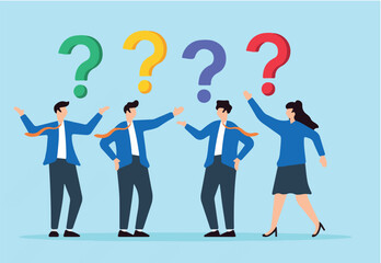 Flat illustration of business people ask with question mark signs seeking help and solutions in discussions