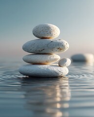A Premium Abstract Nature Render Featuring A Perfectly Balanced Stack Of Smooth White River Stones Placed On A Reflective Water Surface. Gentle Ripples Radiate Outward, While Sunlight Filters In Sof