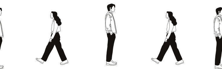 Hand-drawn doodle woman and man border. Outline people clipart. Hand-drawn black art.