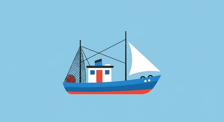 Cartoon Fishing Boat Sailing on a Blue Sea with Vector Illustration.