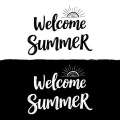 Hand drawn welcome summer lettering typography with sun and seasonal vibes