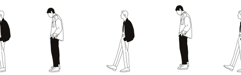 Hand-drawn doodle woman and man border. Outline people clipart. Hand-drawn black art.