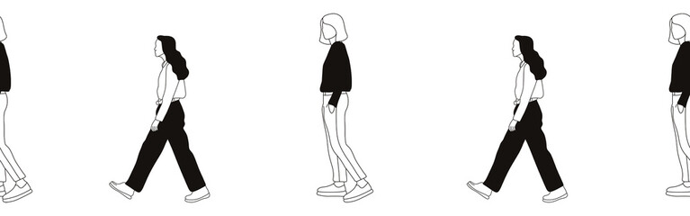 Hand-drawn doodle woman and man border. Outline people clipart. Hand-drawn black art.