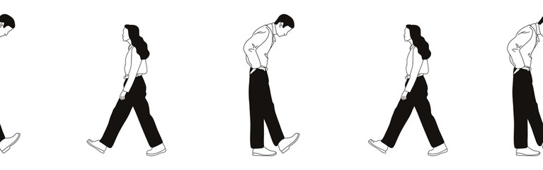 Hand-drawn doodle woman and man border. Outline people clipart. Hand-drawn black art.