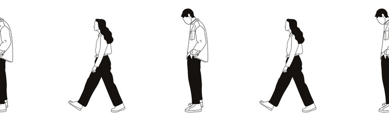 Hand-drawn doodle woman and man border. Outline people clipart. Hand-drawn black art.