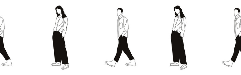 Hand-drawn doodle man and woman border. Outline people clipart. Hand-drawn black art.