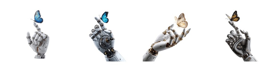 Set of robotic hand holding butterfly isolated on transparent background