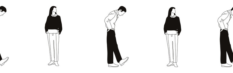 Hand-drawn doodle man and woman border. Outline people clipart. Hand-drawn black art.