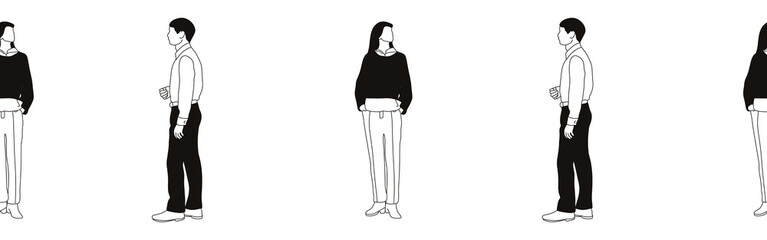 Hand-drawn doodle man and woman border. Outline people clipart. Hand-drawn black art.