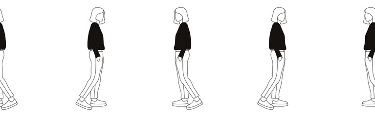 Hand-drawn doodle woman border. Outline people clipart. Hand-drawn black art.