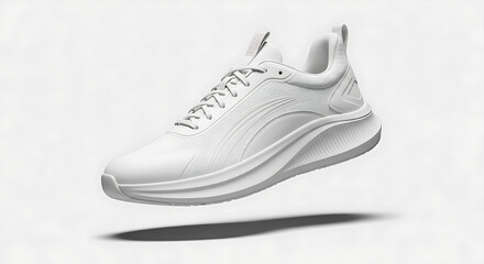 White athletic shoe with a minimalist design and an oversized wavy sole, suspended against a neutral grey background, for product advertising.