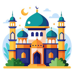 Colorful islamic mosque building with minarets and domes isolated on transparent background
