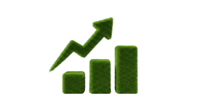 Sustainable growth concept illustration showing an upward trend made of lush green grass on black background