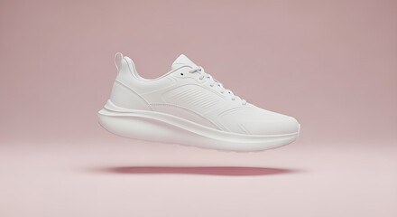 White athletic shoe with an oversized wavy sole, suspended against a light pink background, perfect for e-commerce.