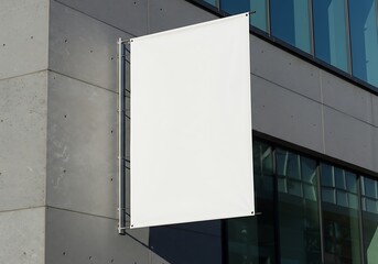 A blank white vertical banner mockup hanging on the exterior wall of a modern concrete and glass building.