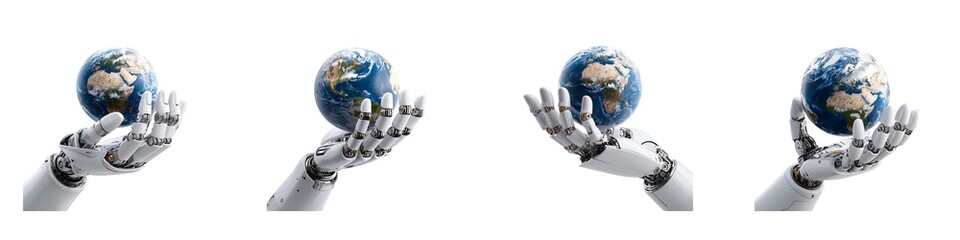 Set of robotic hand presenting globe isolated on transparent background
