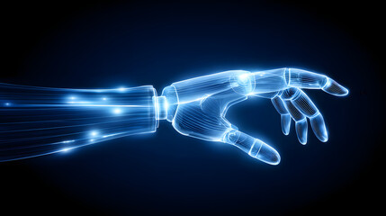 Futuristic robotic arm interface minimal clean neon blue glow cybernetic hand reaching in dark with dynamic light trails, sleek lines, and high tech vibe evoking curiosity and innovation