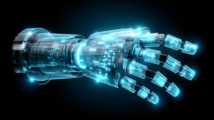 Futuristic robotic arm interface minimal clean cybernetic glowing blue technology pulses through transparent mechanical hand with digital circuits, sleek design, and sci fi vibe