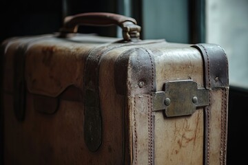 Vintage leather suitcase, aged and weathered, displaying intricate details of stitching and hardware.  A close-up view highlights the worn texture and rich brown tones